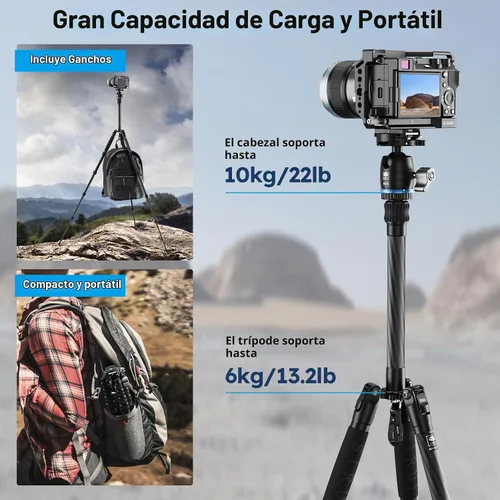 Vista 5 de SIRUI Trípode de viaje de fibra de carbono - Trípode compacto ligero de 55.1 pulgadas con cabezal de bola panorámica de 360°, placa de liberación