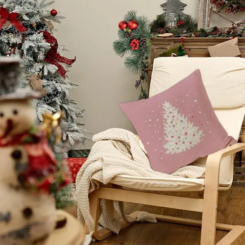 Vista 4 de GOOESING Fundas de almohada de Navidad de 18 x 18 pulgadas, color rosa con árbol de Navidad, funda de cojín para sofá, decoración del hogar