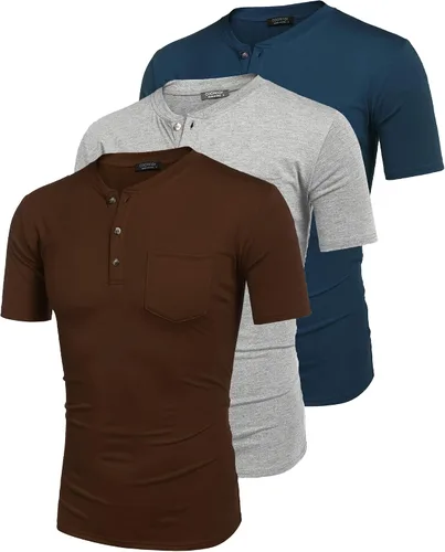 Vista 5 de COOFANDY Paquete de 3 camisetas Henley de manga corta para hombre, estilo casual, básicas, de verano, con bolsillo