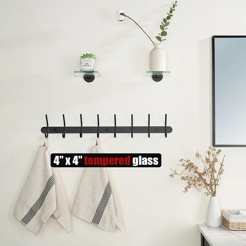 Vista 2 de JQK Pequeños estantes flotantes de vidrio negro, repisas de exhibición de 4 pulgadas para pared, mini decoración, sala de estar, dormitorio, baño