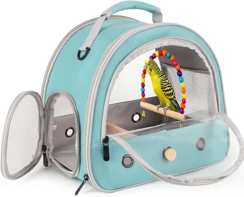 Vista 11 de Jaula portátil de viaje para loros con juguete pequeño oscilante y jaula de juguetes coloridos, bolsa de periquito para pájaros pequeños con bolsa