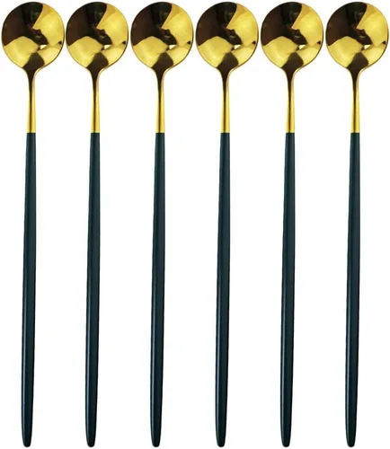 Vista 10 de Cubertería de acero inoxidable 304 de cobre de mango largo Cucharas de té de helado Cucharas de mezcla Vajilla Vajilla Servicio de cocina Juego