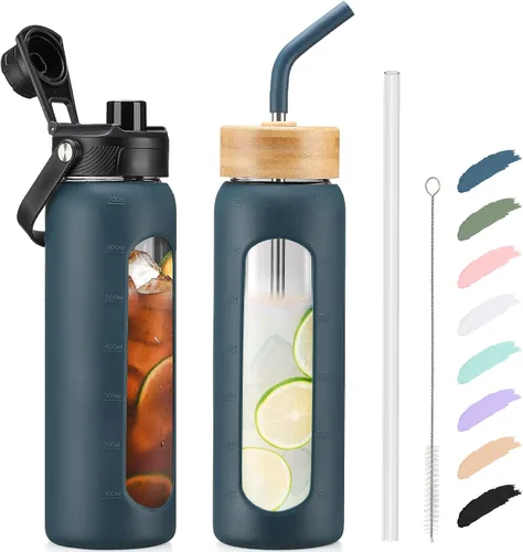 Vista 74 de Botella de agua Kodrine con pajita, botella de vidrio de 24 oz con 2 tapas, una de pajita de bambú y otra con pico y asa, botella de vidrio