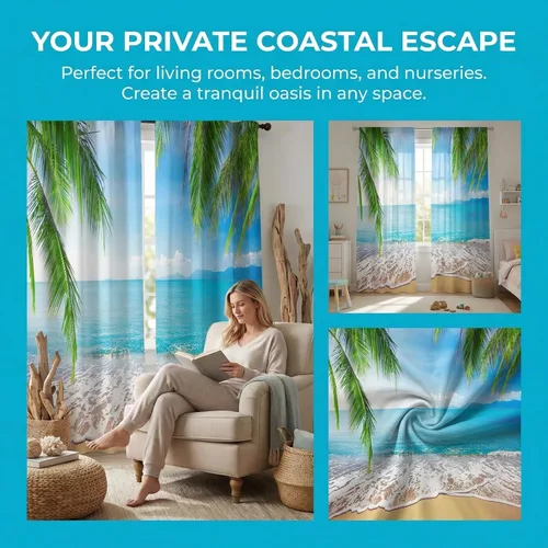 Vista 2 de Cortinas opacas de playa con hojas de palmera tropicales, 2 paneles de 84 pulgadas de largo, para dormitorio, sala de estar, guardería, 52 x 84