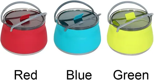 Vista 4 de Cacerola plegable, utensilios de cocina para campamento, senderismo, silicona plegable, hervidor de agua con tapa, utensilios de cocina, viaje, Azul
