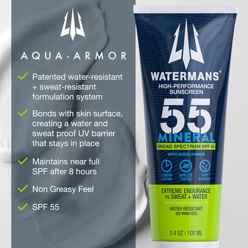 Vista 2 de Watermans Mineral SPF 55 Loción de protección solar con zinc, Aqua-Armor, amplio espectro para cara y cuerpo, seguro para arrecifes, resistente al