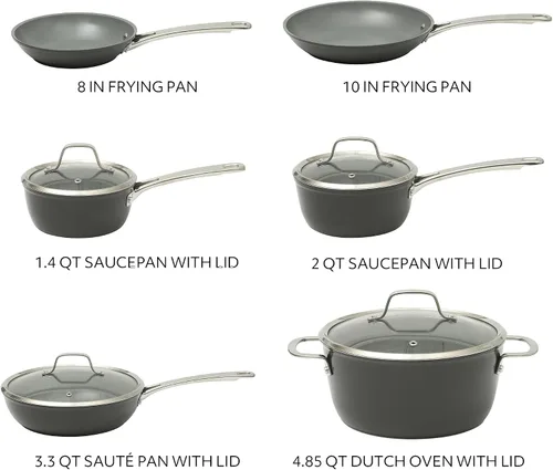 Vista 3 de Sur La Table Kitchen Essentials Cool Commune - Juego de ollas y sartenes de aluminio forjado anodizado duro de 10 piezas, libre de PFA