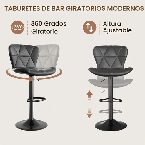 Vista 4 de Nebuaegis Juego de 2 taburetes de bar, modernos taburetes de bar giratorios ajustables de piel sintética, sillas de altura de mostrador con respaldo
