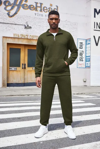Vista 8 de COOFANDY Conjunto deportivo de 2 piezas para hombre, ajuste relajado, con media cremallera, para correr