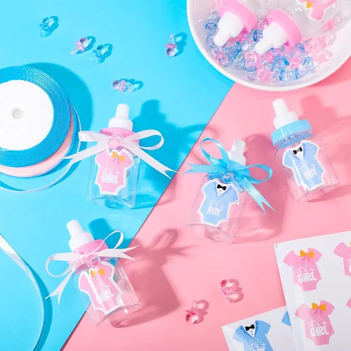 Vista 5 de 162 piezas de revelación de género para baby shower, 48 mini botellas de leche de plástico para bebé, 48 mini chupetes de plástico, 64 calcomanías