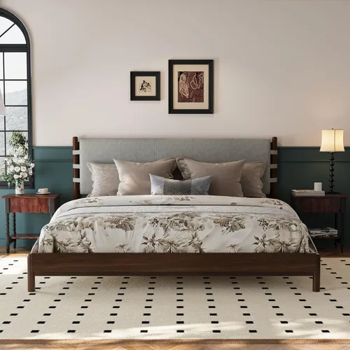 Vista 8 de Merax Moderno juego de base de cama Queen con 2 mesitas de noche, cama de plataforma de madera beige con cabecero y mesitas de noche a juego