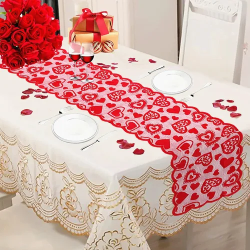 Vista 6 de JOYFISCO Camino de mesa para decoración del día de San Valentín, camino de mesa de encaje con corazón rojo para bodas, decoraciones de San Valentín