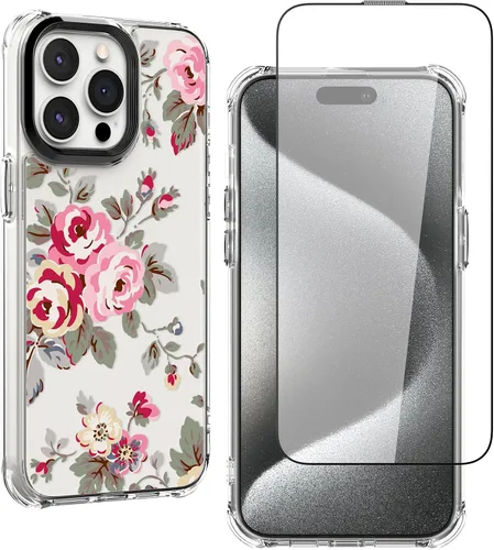 Vista 15 de Feitenn Funda para iPhone 15, policarbonato transparente + TPU suave a prueba de golpes, diseño de flores Beatuy con protector de pantalla de vidrio