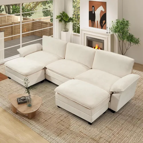 Vista 18 de Sofá modular modular de 118 pulgadas, cómodo sofá seccional de chenilla de 3 asientos para sala de estar, dormitorio y apartamento, color beige Pana
