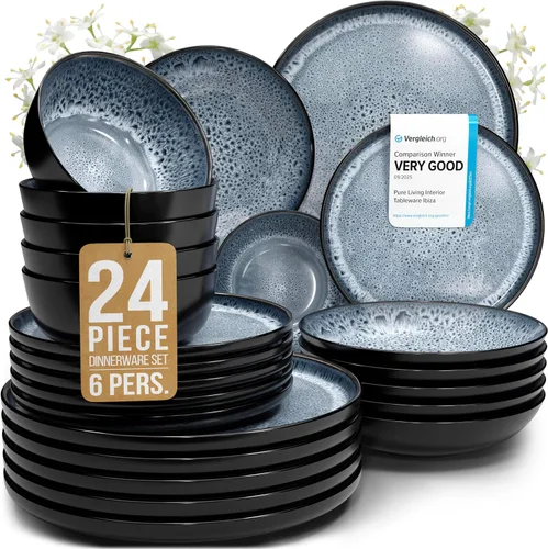 Vista 54 de Juego de vajilla de gres para 4 personas 12 piezas – Juego de platos y cuencos negros mate – Apto para lavavajillas, microondas y resistente a