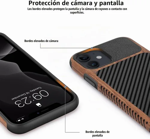 Vista 3 de Funda magnética compatible con iPhone 11 [Compatible con MagSafe] Diseño híbrido de madera y cuero con fibra de carbono, funda protectora a prueba