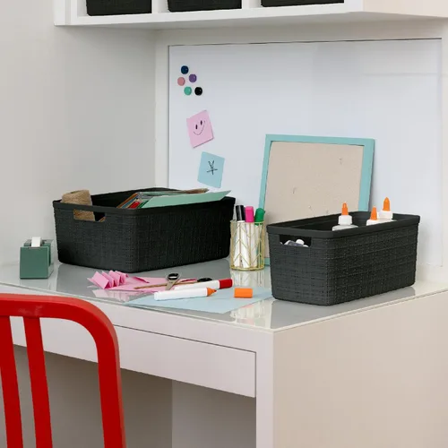 Vista 9 de Curver Juego de 6 cestas decorativas de plástico de yute mediano de 12 litros, para organización y almacenamiento, contenedores perfectos para Negro