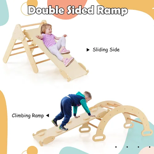 Vista 4 de Olakids Conjunto Triangular Pikler 7 en 1 Juguetes de Escalada para Niños Pequeños de 1 a 3 Años Interior Plegable de Madera Montessori Gimnasio