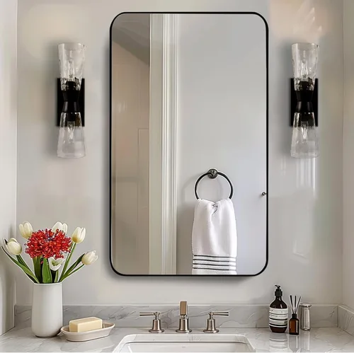 Vista 48 de ANDY STAR Espejo de pared cuadrado para baño, espejo de baño negro mate de 24 x 24 pulgadas, espejo de metal de esquina redondeada en marco de acero