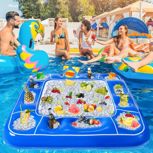 Vista 5 de Mesa de juego inflable para piscina con cartas impermeables (35.5 x 35.5 pulgadas, azul/blanco)