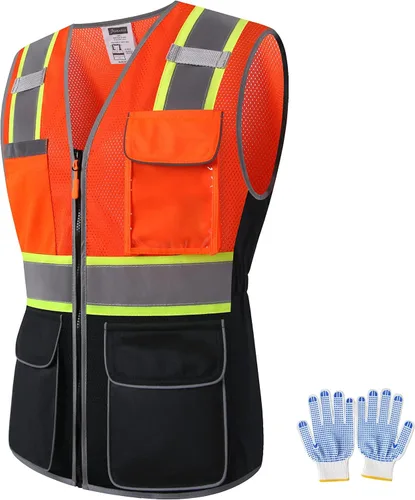 Vista 9 de Chaleco de seguridad para mujer, múltiples bolsillos, de alta visibilidad, reflectante, malla transpirable, chaleco de trabajo para dama, cremallera