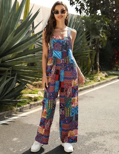 Vista 3 de UANEO Overol con peto de algodón para mujer, estilo bohemio, de pierna ancha, estampado floral