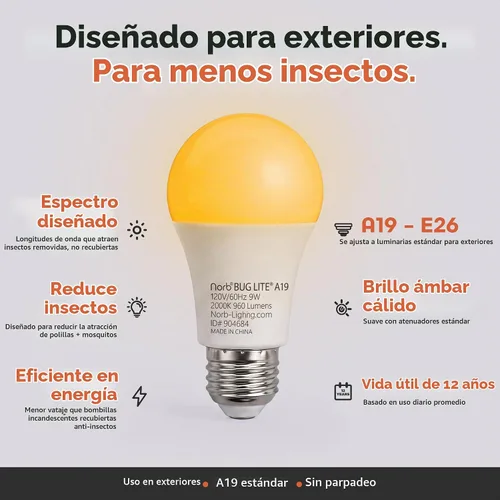 Vista 4 de Norb BUG LITE Bombillas para insectos Bombilla LED ámbar A19 E26 9 W 960 lúmenes 2000 K y eficiencia energética Espectro libre de azul