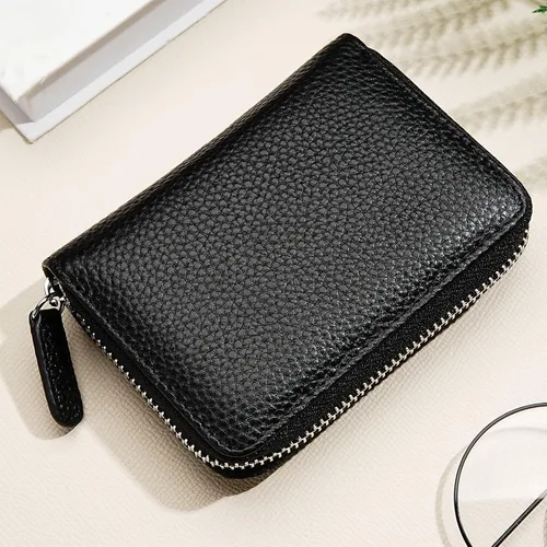 Vista 11 de Cartera de cuero genuino con bloqueo RFID, billetera con cremallera de lujo para mujeres con monedero, Color café, Classic