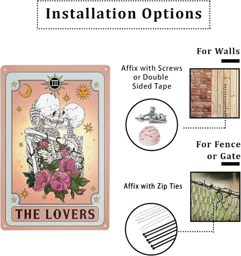 Vista 3 de Giwawa Kissing Lover Tarjeta de tarot de metal con diseño de calavera rosa retro de 12 x 8 pulgadas, decoración de pared, sol, luna, flor, floral