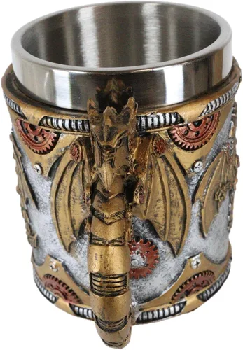 Vista 6 de Ebros Gift Fantasía Golden Steampunk Cyborg Dragón robótico en viaje a la luna Cerveza Stein Tankard Taza de café Calabozos y Dragones Victoriano