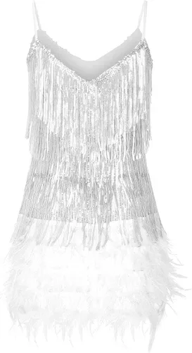 Vista 7 de Vestido sexy para mujer, con tirantes delgados, cuello en V, lentejuelas, borlas, plumas, vestido de fiesta, sin mangas, con vuelo, mini vestido