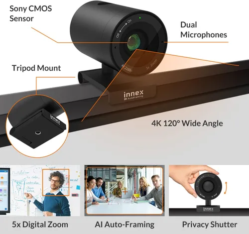 Vista 2 de Innex C570 Cámara web gran angular de 120° 4K con seguimiento de IA y encuadre automático Webcam with Microphone, ePTZ, 5X Digital Zoom, Remote