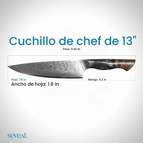 Vista 3 de Cuchillo de cocina de Damasco, acero de damasco de 67 capas, juego de cuchillos de chef profesionales de 13 pulgadas para cocina, mango ergonómico