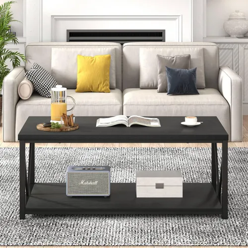 Vista 7 de EXCEFUR Mesa de centro pequeña, mesas modernas para sala de estar con estante de almacenamiento, mesa central rectangular de madera rústica, mesa