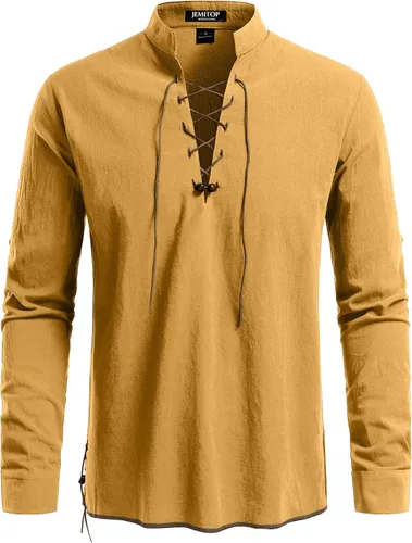 Vista 17 de JEMITOP Men's Pure Cotton Renaissance Lace Up Shirt Verde militar
