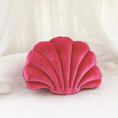 Vista 2 de Almohada con forma de concha de mar, almohada de terciopelo rojo rosa, almohada de felpa con temática de mar y océano, almohada decorativa