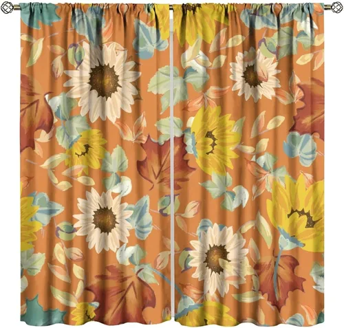 Vista 22 de Cortinas opacas de girasol, diseño natural, de granja, floral, con bolsillo para barra, para ventana, para dormitorio, sala de estar, 42 x 45