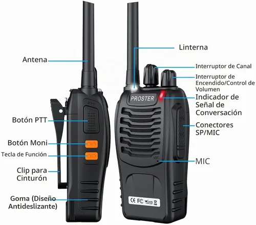 Vista 2 de Proster Walkie Talkies recargables, 1 par, radios bidireccionales de largo alcance de 16 canales con cargador USB, micrófono de auricular