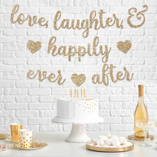 Vista 6 de Cartel preencordado con texto en inglés "Love Laughter & Happily Ever After", "No hazlo tú mismo" – Cartel dorado con purpurina para despedida