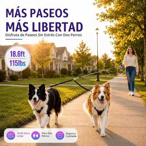 Vista 7 de Correa doble retráctil para perros de hasta 115 libras – 18.6 pies de correa de acoplamiento para perros pequeños y medianos – un sistema de Gris