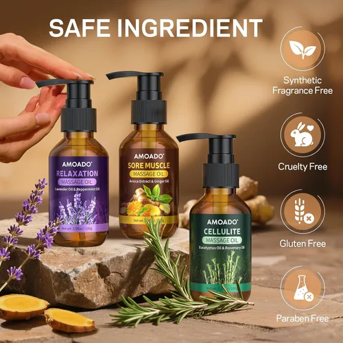 Vista 4 de Aceite de masaje para terapia de masaje, aceites de masaje para músculos doloridos – 10.5 oz, aceite de árnica, eucalipto anticelulítico, aceites
