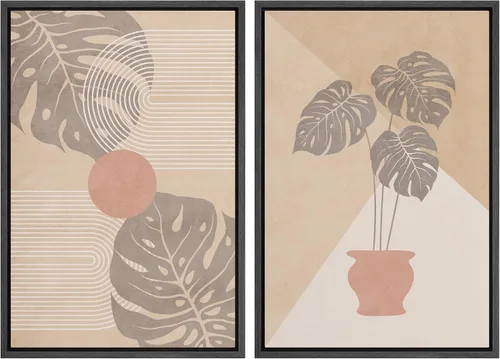 Vista 121 de SIGNFORD Lienzo enmarcado para pared, juego de arte geométrico retro de mediados de siglo, plantas forestales, ilustraciones con formas abstractas