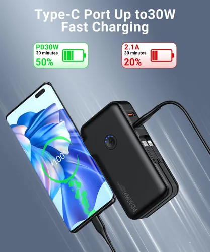 Vista 2 de QiSa Cargador Portátil, Banco de Energía, Banco de Energía de 16000mAh con Enchufe de Pared AC Incorporado y Cables, Cargador Rápido PD 30W y QC4.0