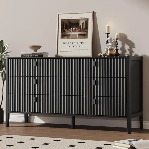 Vista 7 de Cómoda negra de 6 cajones para dormitorio, cómoda de madera moderna, cómoda doble de diseño acanalado con patas de madera, mueble de almacenamiento