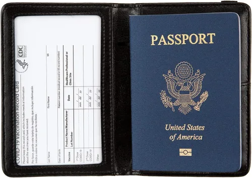 Vista 6 de Combo de portatarjetas de pasaporte y vacunación con bloqueo RFID, funda de piel con bloqueo RFID, organizador de documentos de viaje, protector