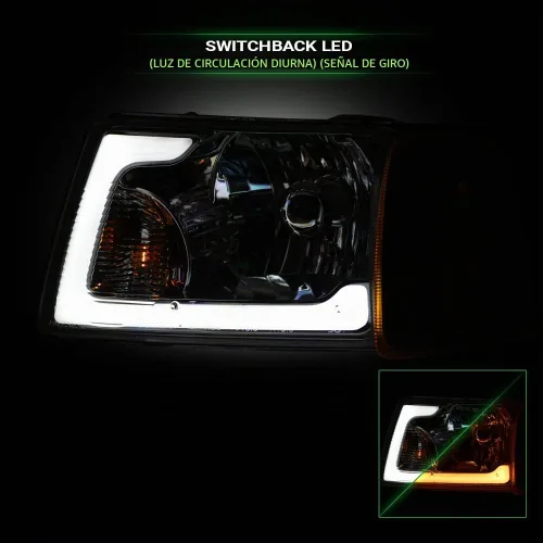 Vista 5 de Switchback - Barra de tubo LED secuencial con carcasa cromada, faros delanteros de cristal con lámparas de esquina de señal, reflector ámbar, 4