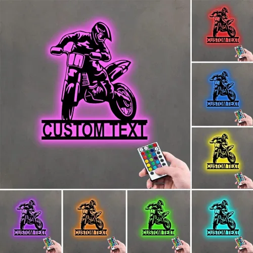 Vista 5 de Arte de pared de metal personalizado para motocross con luz LED, luz nocturna personalizada con nombre de motocross, decoración de lámpara de neón