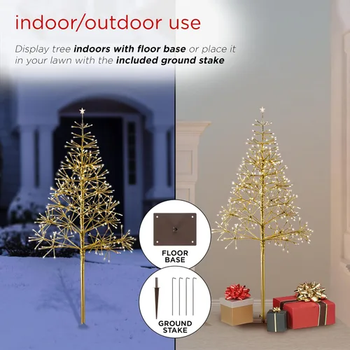 Vista 5 de Alpine Corporation Árbol de Navidad artificial festivo para interiores y exteriores de 53 pulgadas de alto con luces LED blancas cálidas, dorado