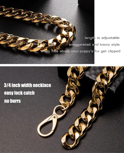 Vista 6 de Collar de perro con cadena dorada de 3/4 de ancho, collar de perro de eslabones cubanos de moda, lindo collar de mascota para perros pequeños