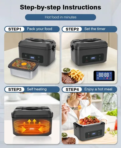 Vista 7 de Fiambrera eléctrica inalámbrica para adultos, lonchera calentada a pilas con calefacción de 5 lados, calentador de alimentos portátil con recipiente